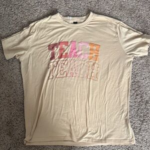 Beige Graphic Tee with Multicolor 'TEACH' Print